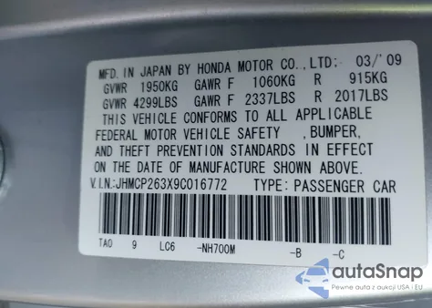 2009 Honda Accord 2.4 Lx из США, поврежденный, VIN JHMCP263X9C016772